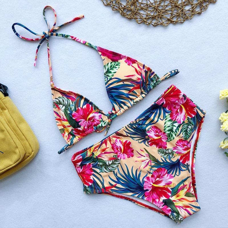 Beautiful Multicolored Women High Waist Bikini Swimwear Women Halter Push Up Bikini Set Swimsuit Women's Flower Print Bikini High Waist Beach Swimsuits Sporty Two Piece Bathing Suit Female Beach Wear Bathing Suit