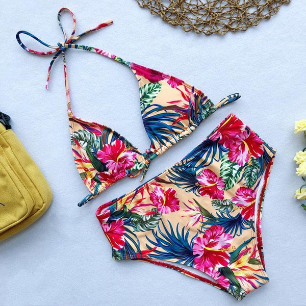 Beautiful Multicolored Women High Waist Bikini Swimwear Women Halter Push Up Bikini Set Swimsuit Women's Flower Print Bikini High Waist Beach Swimsuits Sporty Two Piece Bathing Suit Female Beach Wear Bathing Suit