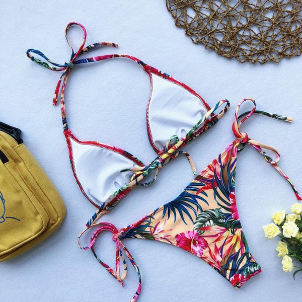 Beautiful Multicolored Women High Waist Bikini Swimwear Women Halter Push Up Bikini Set Swimsuit Women's Flower Print Bikini High Waist Beach Swimsuits Sporty Two Piece Bathing Suit Female Beach Wear Bathing Suit