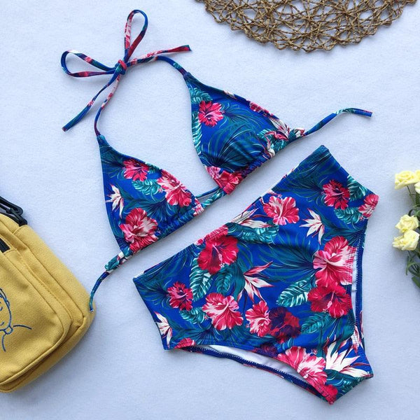 Beautiful Multicolored Women High Waist Bikini Swimwear Women Halter Push Up Bikini Set Swimsuit Women's Flower Print Bikini High Waist Beach Swimsuits Sporty Two Piece Bathing Suit Female Beach Wear Bathing Suit