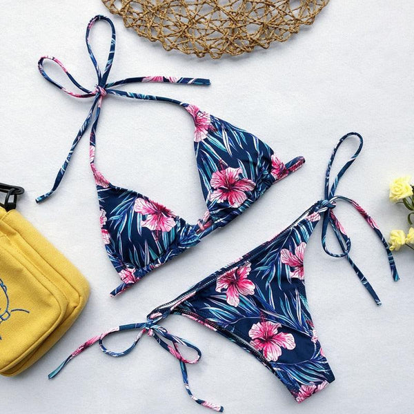 Beautiful Multicolored Women High Waist Bikini Swimwear Women Halter Push Up Bikini Set Swimsuit Women's Flower Print Bikini High Waist Beach Swimsuits Sporty Two Piece Bathing Suit Female Beach Wear Bathing Suit