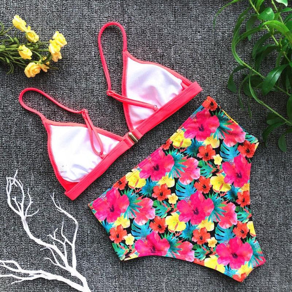 Beautiful Multicolored Women High Waist Bikini Swimwear Women Halter Push Up Bikini Set Swimsuit Women's Flower Print Bikini High Waist Beach Swimsuits Sporty Two Piece Bathing Suit Female Beach Wear Bathing Suit