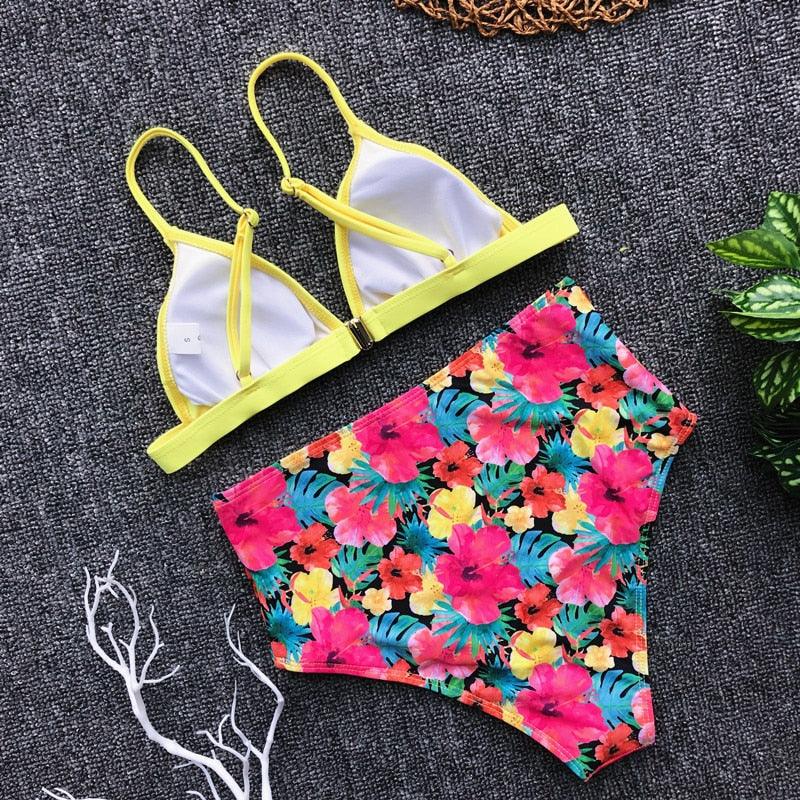 Beautiful Multicolored Women High Waist Bikini Swimwear Women Halter Push Up Bikini Set Swimsuit Women's Flower Print Bikini High Waist Beach Swimsuits Sporty Two Piece Bathing Suit Female Beach Wear Bathing Suit