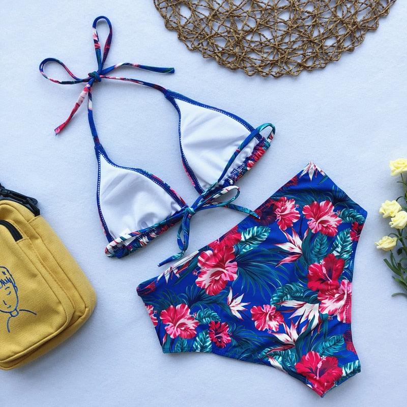 Beautiful Multicolored Women High Waist Bikini Swimwear Women Halter Push Up Bikini Set Swimsuit Women's Flower Print Bikini High Waist Beach Swimsuits Sporty Two Piece Bathing Suit Female Beach Wear Bathing Suit