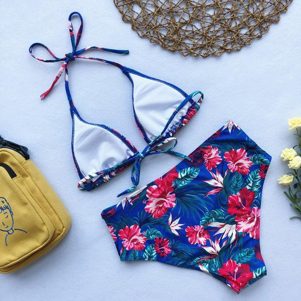 Beautiful Multicolored Women High Waist Bikini Swimwear Women Halter Push Up Bikini Set Swimsuit Women's Flower Print Bikini High Waist Beach Swimsuits Sporty Two Piece Bathing Suit Female Beach Wear Bathing Suit