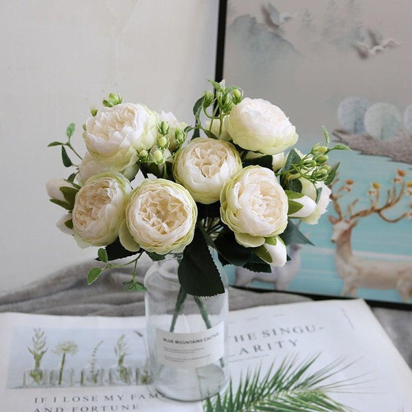 Beautiful Rose Peony Artificial Silk Eucalyptus Fake Flowers Small bouquet Flores Home Party Spring Wedding Decoration Artificial Silk Rose Flower Bouquet Lifelike Fake Rose for Wedding Home Party Decoration Event Gift