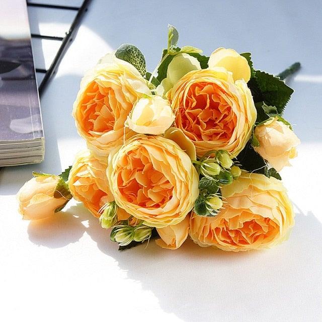 Beautiful Rose Peony Artificial Silk Eucalyptus Fake Flowers Small bouquet Flores Home Party Spring Wedding Decoration Artificial Silk Rose Flower Bouquet Lifelike Fake Rose for Wedding Home Party Decoration Event Gift