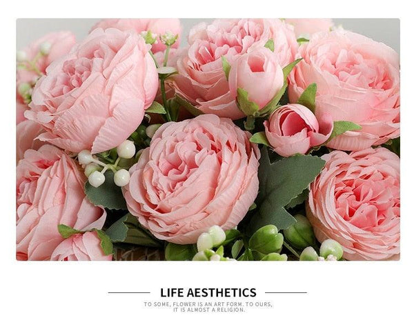 Beautiful Rose Peony Artificial Silk Eucalyptus Fake Flowers Small bouquet Flores Home Party Spring Wedding Decoration Artificial Silk Rose Flower Bouquet Lifelike Fake Rose for Wedding Home Party Decoration Event Gift