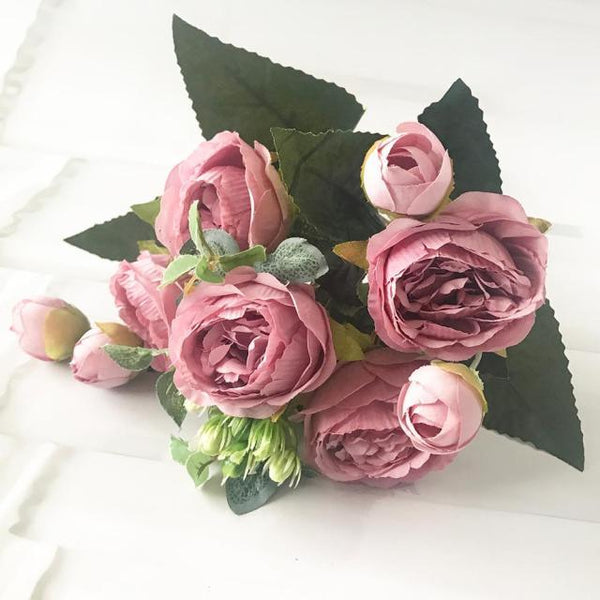 Beautiful Rose Peony Artificial Silk Eucalyptus Fake Flowers Small bouquet Flores Home Party Spring Wedding Decoration Artificial Silk Rose Flower Bouquet Lifelike Fake Rose for Wedding Home Party Decoration Event Gift