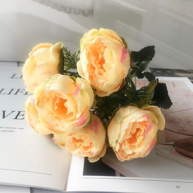 Beautiful Rose Peony Artificial Silk Eucalyptus Fake Flowers Small bouquet Flores Home Party Spring Wedding Decoration Artificial Silk Rose Flower Bouquet Lifelike Fake Rose for Wedding Home Party Decoration Event Gift