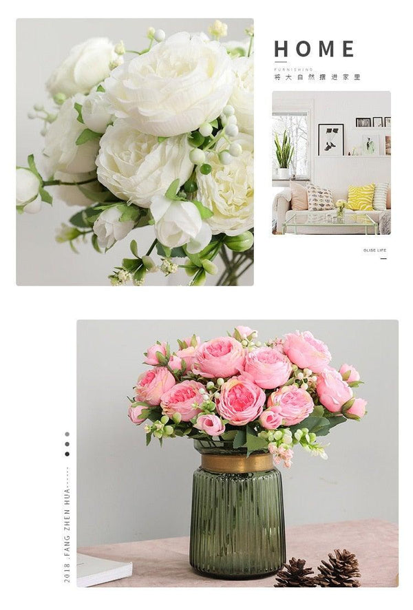 Beautiful Rose Peony Artificial Silk Eucalyptus Fake Flowers Small bouquet Flores Home Party Spring Wedding Decoration Artificial Silk Rose Flower Bouquet Lifelike Fake Rose for Wedding Home Party Decoration Event Gift