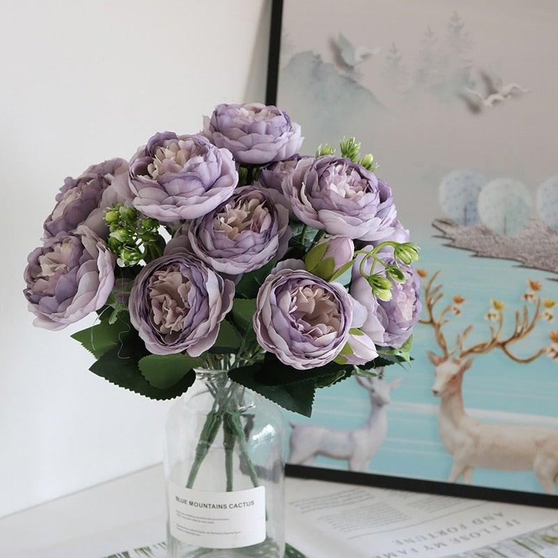 Beautiful Rose Peony Artificial Silk Eucalyptus Fake Flowers Small bouquet Flores Home Party Spring Wedding Decoration Artificial Silk Rose Flower Bouquet Lifelike Fake Rose for Wedding Home Party Decoration Event Gift
