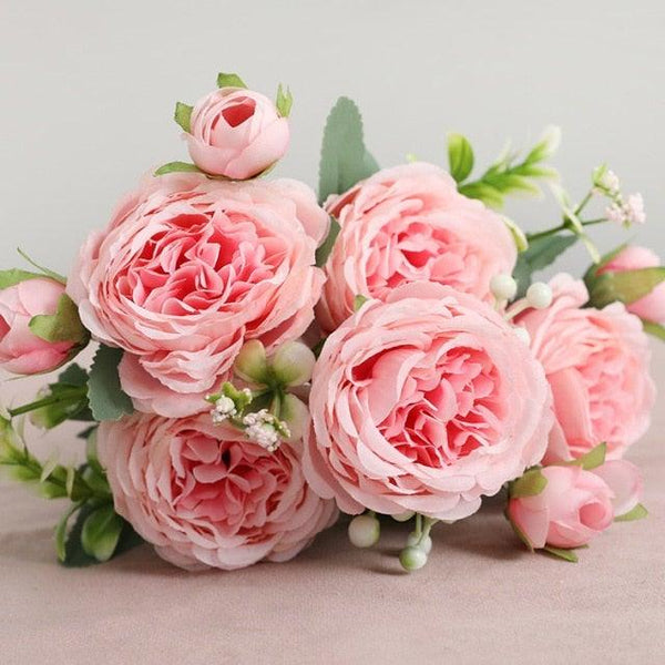 Beautiful Rose Peony Artificial Silk Eucalyptus Fake Flowers Small bouquet Flores Home Party Spring Wedding Decoration Artificial Silk Rose Flower Bouquet Lifelike Fake Rose for Wedding Home Party Decoration Event Gift