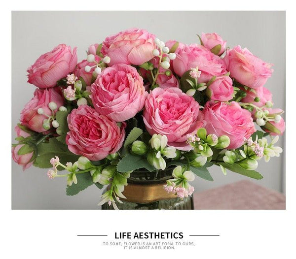 Beautiful Rose Peony Artificial Silk Eucalyptus Fake Flowers Small bouquet Flores Home Party Spring Wedding Decoration Artificial Silk Rose Flower Bouquet Lifelike Fake Rose for Wedding Home Party Decoration Event Gift