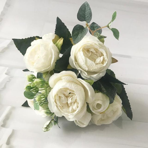 Beautiful Rose Peony Artificial Silk Eucalyptus Fake Flowers Small bouquet Flores Home Party Spring Wedding Decoration Artificial Silk Rose Flower Bouquet Lifelike Fake Rose for Wedding Home Party Decoration Event Gift