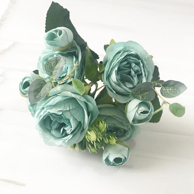 Beautiful Rose Peony Artificial Silk Eucalyptus Fake Flowers Small bouquet Flores Home Party Spring Wedding Decoration Artificial Silk Rose Flower Bouquet Lifelike Fake Rose for Wedding Home Party Decoration Event Gift