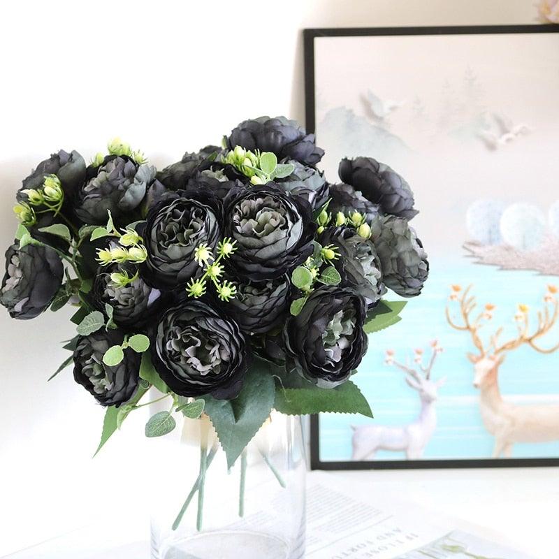 Beautiful Rose Peony Artificial Silk Eucalyptus Fake Flowers Small bouquet Flores Home Party Spring Wedding Decoration Artificial Silk Rose Flower Bouquet Lifelike Fake Rose for Wedding Home Party Decoration Event Gift
