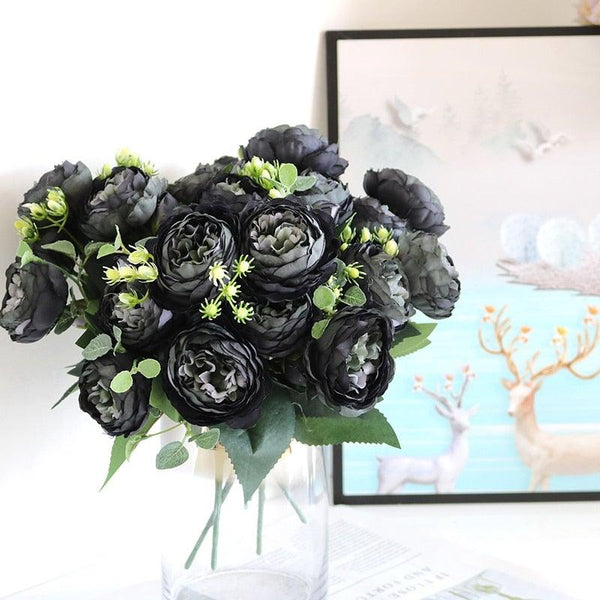 Beautiful Rose Peony Artificial Silk Eucalyptus Fake Flowers Small bouquet Flores Home Party Spring Wedding Decoration Artificial Silk Rose Flower Bouquet Lifelike Fake Rose for Wedding Home Party Decoration Event Gift