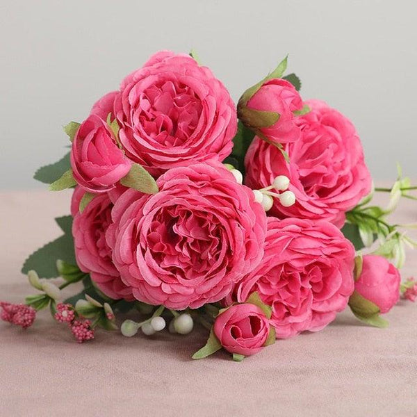 Beautiful Rose Peony Artificial Silk Eucalyptus Fake Flowers Small bouquet Flores Home Party Spring Wedding Decoration Artificial Silk Rose Flower Bouquet Lifelike Fake Rose for Wedding Home Party Decoration Event Gift