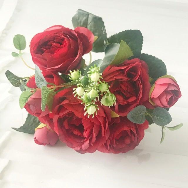 Beautiful Rose Peony Artificial Silk Eucalyptus Fake Flowers Small bouquet Flores Home Party Spring Wedding Decoration Artificial Silk Rose Flower Bouquet Lifelike Fake Rose for Wedding Home Party Decoration Event Gift
