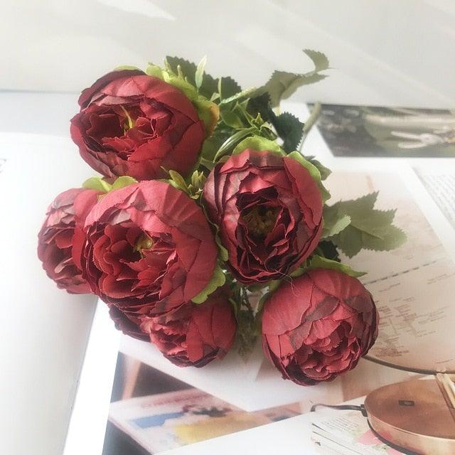 Beautiful Rose Peony Artificial Silk Eucalyptus Fake Flowers Small bouquet Flores Home Party Spring Wedding Decoration Artificial Silk Rose Flower Bouquet Lifelike Fake Rose for Wedding Home Party Decoration Event Gift