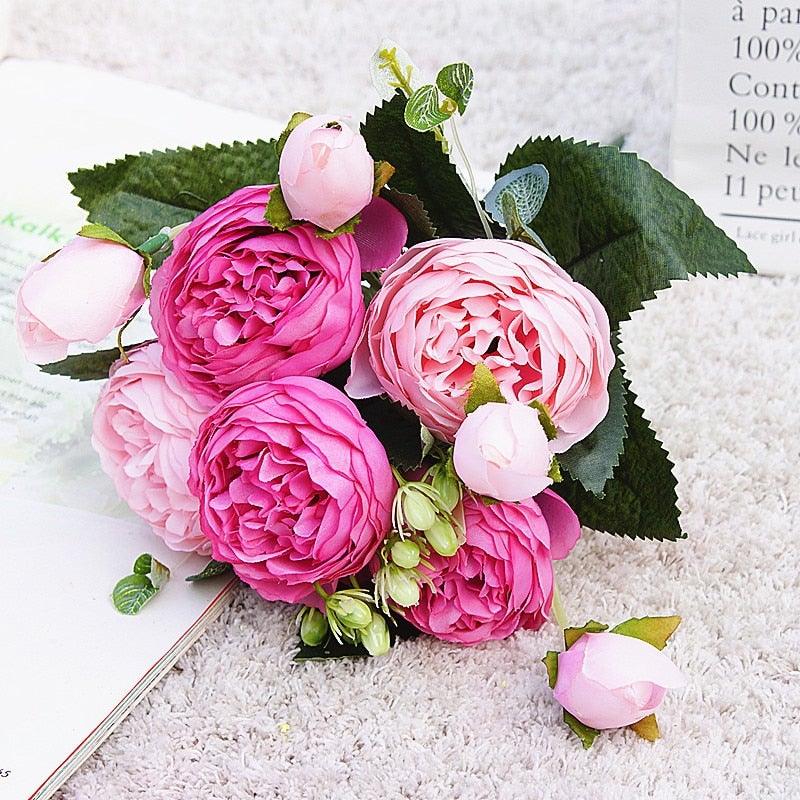 Beautiful Rose Peony Artificial Silk Eucalyptus Fake Flowers Small bouquet Flores Home Party Spring Wedding Decoration Artificial Silk Rose Flower Bouquet Lifelike Fake Rose for Wedding Home Party Decoration Event Gift