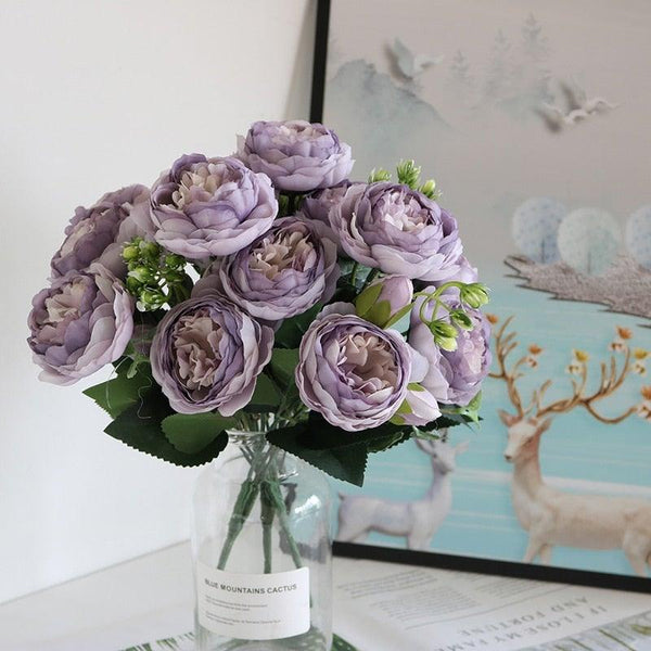 Beautiful Rose Peony Artificial Silk Eucalyptus Fake Flowers Small bouquet Flores Home Party Spring Wedding Decoration Artificial Silk Rose Flower Bouquet Lifelike Fake Rose for Wedding Home Party Decoration Event Gift