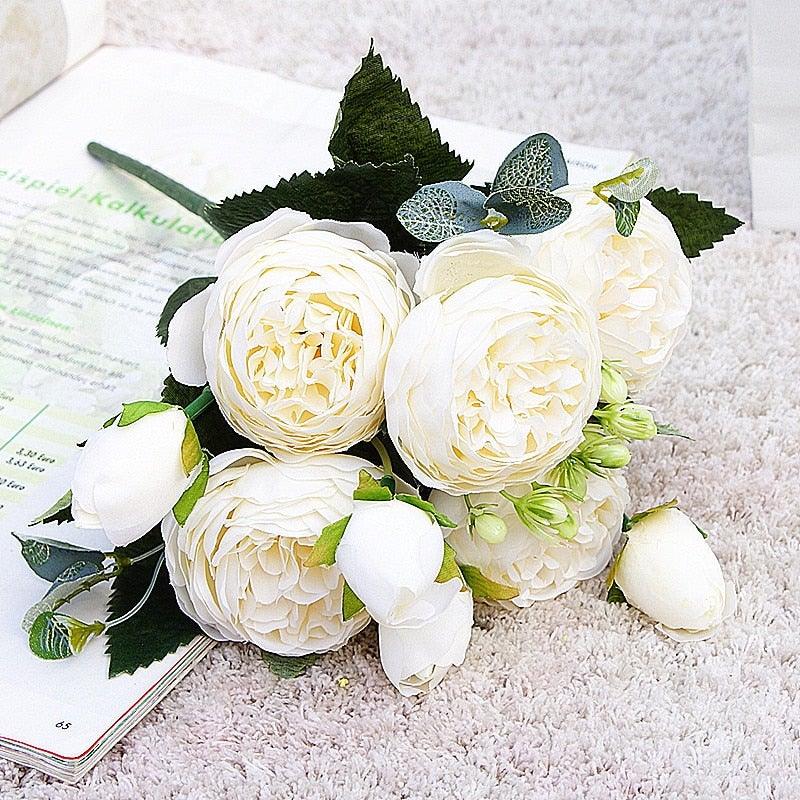 Beautiful Rose Peony Artificial Silk Eucalyptus Fake Flowers Small bouquet Flores Home Party Spring Wedding Decoration Artificial Silk Rose Flower Bouquet Lifelike Fake Rose for Wedding Home Party Decoration Event Gift