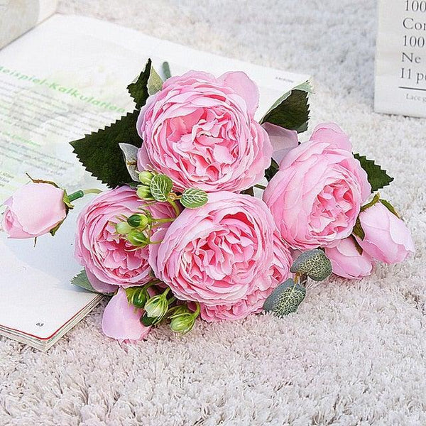 Beautiful Rose Peony Artificial Silk Eucalyptus Fake Flowers Small bouquet Flores Home Party Spring Wedding Decoration Artificial Silk Rose Flower Bouquet Lifelike Fake Rose for Wedding Home Party Decoration Event Gift