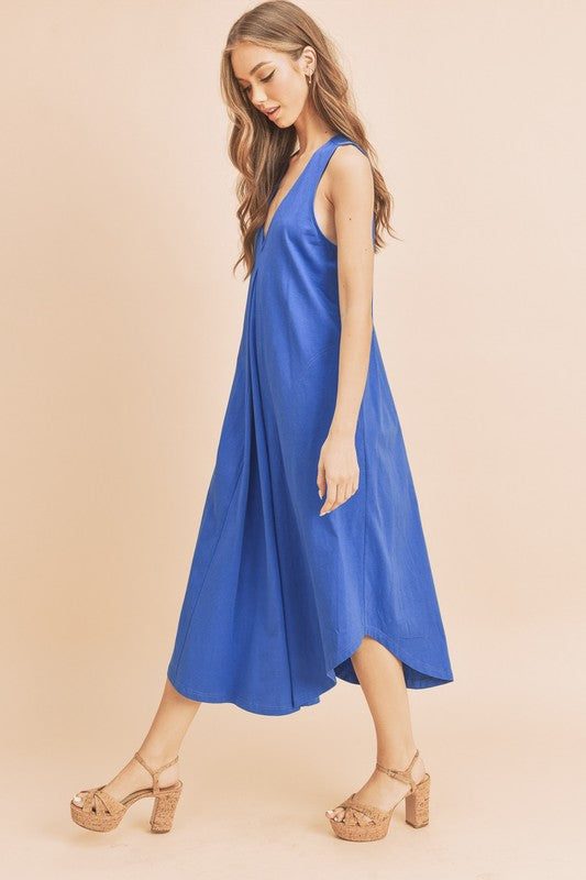 New Summer Front Pleat Detail V-Neck Sleeveless Midi Dress–Elegant, Feminine & Versatile Dress with Pleat Detailing, V-Neckline & Sleeveless Design for Both Casual & Formal Occasions