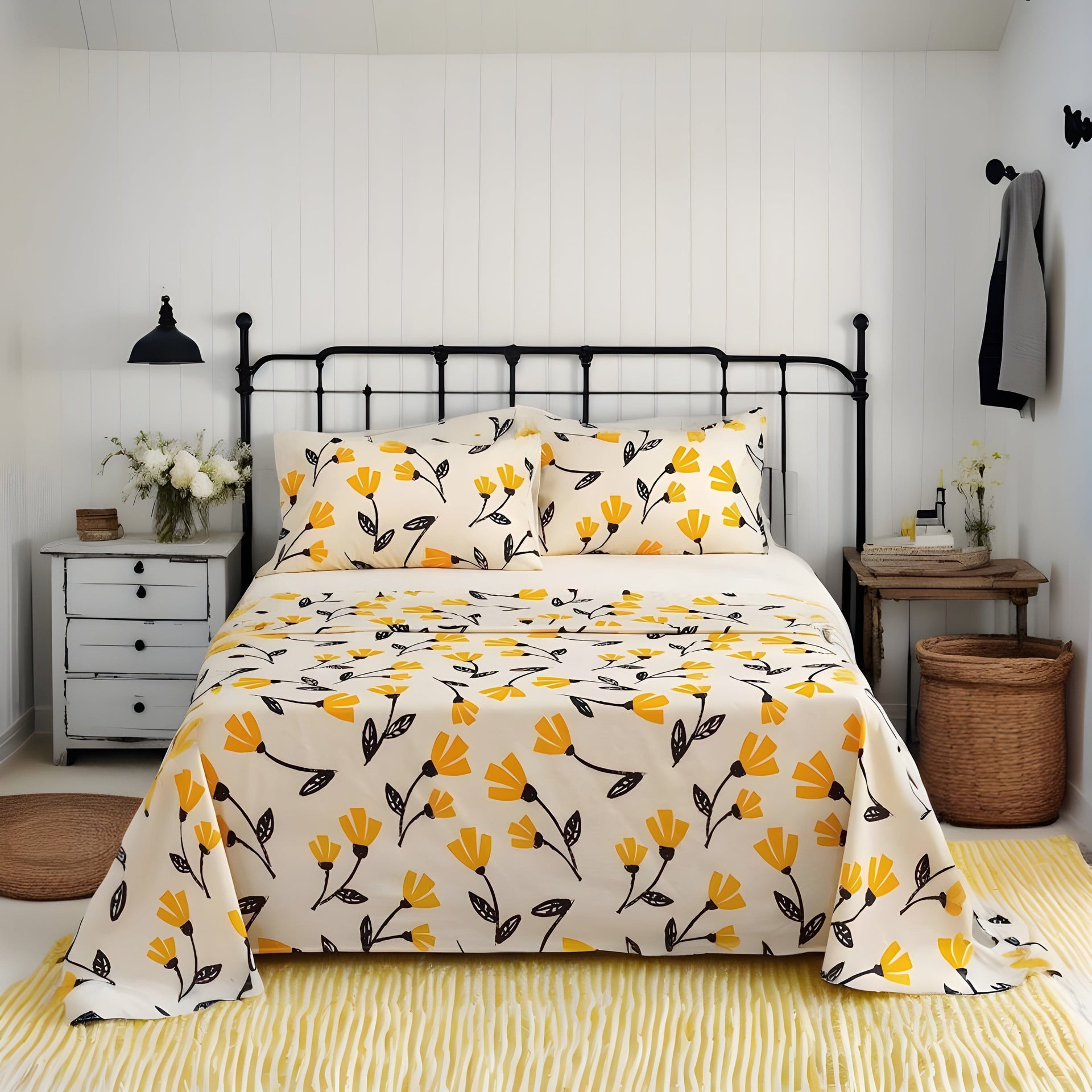 DaDa Bedding Yellow Fleur Golden Orange Floral Ivory Fitted & Flat Bed Sheets Set (18112)