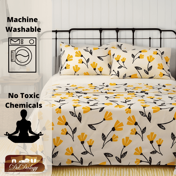 DaDa Bedding Yellow Fleur Golden Orange Floral Ivory Fitted & Flat Bed Sheets Set (18112)