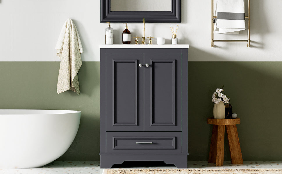 Bathroom Vanity with Ceramic Sink and Modern Freestanding Storage Cabinet, Soft-Close Doors