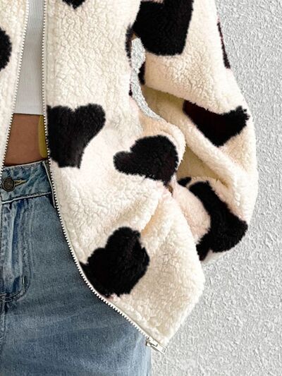Cute Heart Zip Up Drop Shoulder Furry Jacket Cozy & Trendy Cold-Weather Essential Warm Soft Winter Jacket For Your Girl