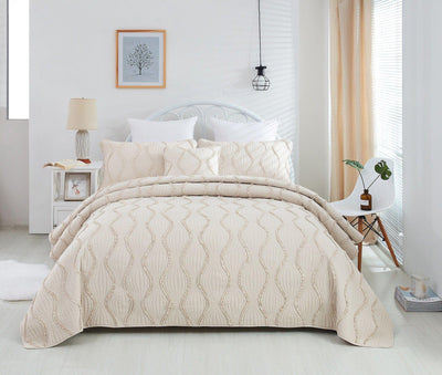 DaDa Bedding Soft Charming French Country Ruffles Quilted Cotton Bedspread Set - Ivory Cream Tan (JHW873)