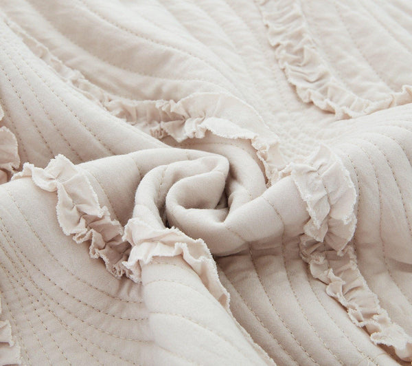 DaDa Bedding Soft Charming French Country Ruffles Quilted Cotton Bedspread Set - Ivory Cream Tan (JHW873)