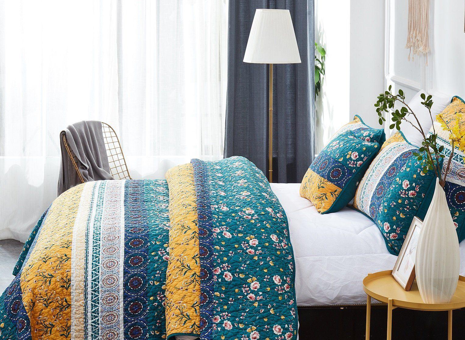 DaDa Bedding Bohemian Patchwork Bed of Wild Flowers Floral Gardenia Green Bedspread Set (JHW-886)