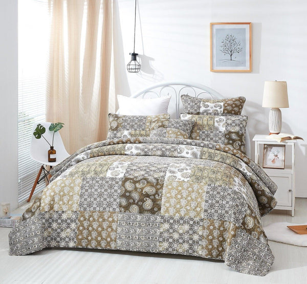 DaDa Bedding Bohemian Olive Brown Moroccan Paisley Floral Filigree Patchwork Cotton Bedspread Set (JHW-885)