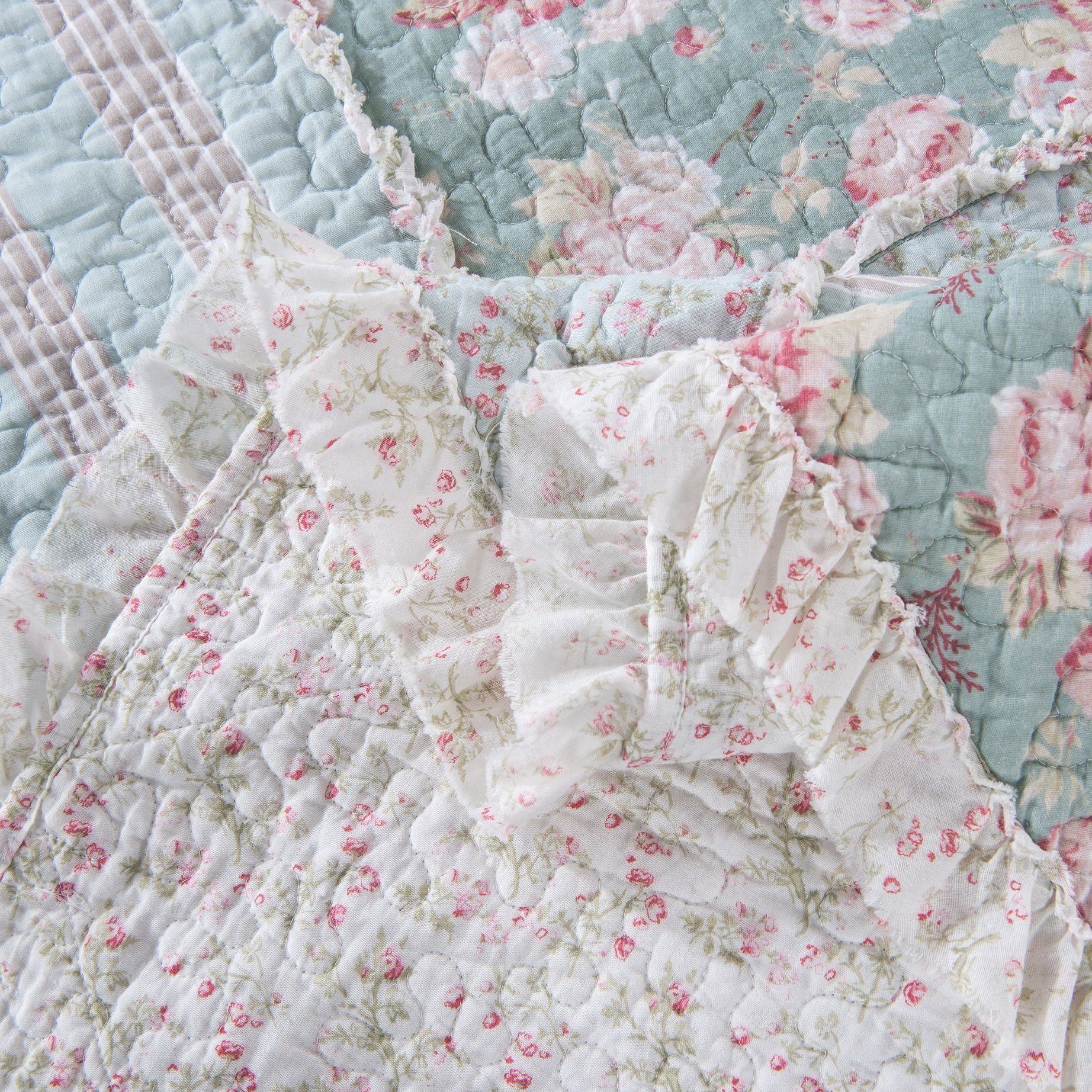DaDa Bedding Hint of Mint Floral Pastel Cotton Patchwork Ruffle Bedspread Set (JHW-3036)