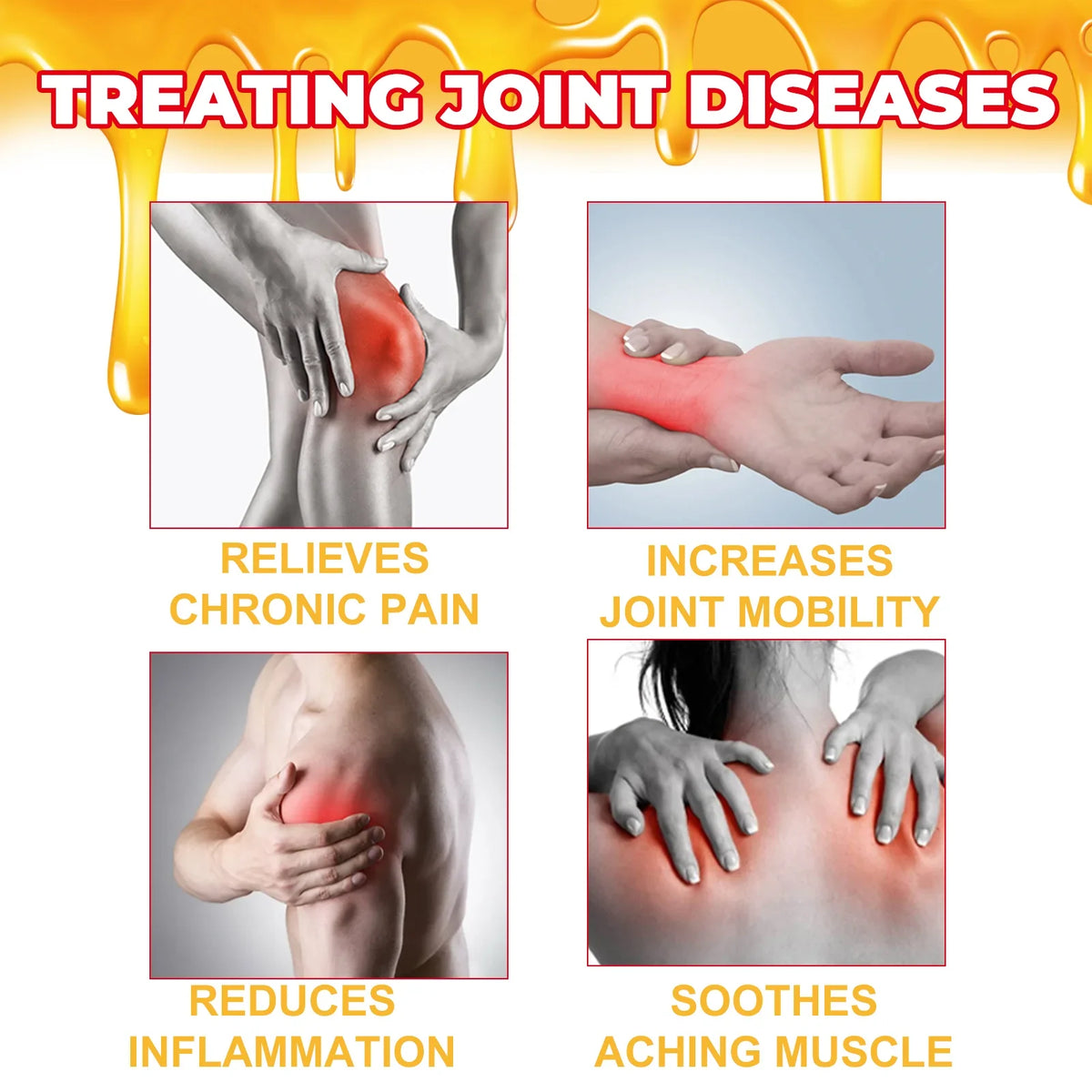 Bee Venom Joint Care Cream – treatment areas for knees, hands, lumbar, and other joints