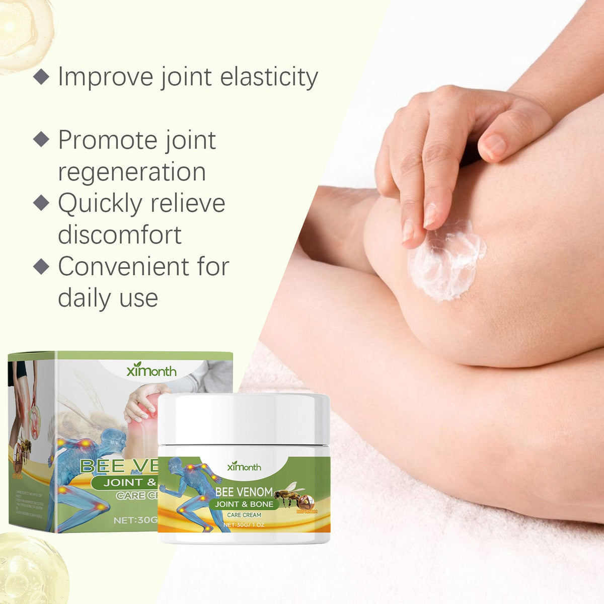 Close-up of knee with Ximonths Bee Venom Joint Relief Cream being applied, improves joint elasticity, promotes joint regeneration, quickly relieves discomfort, convenient for daily use