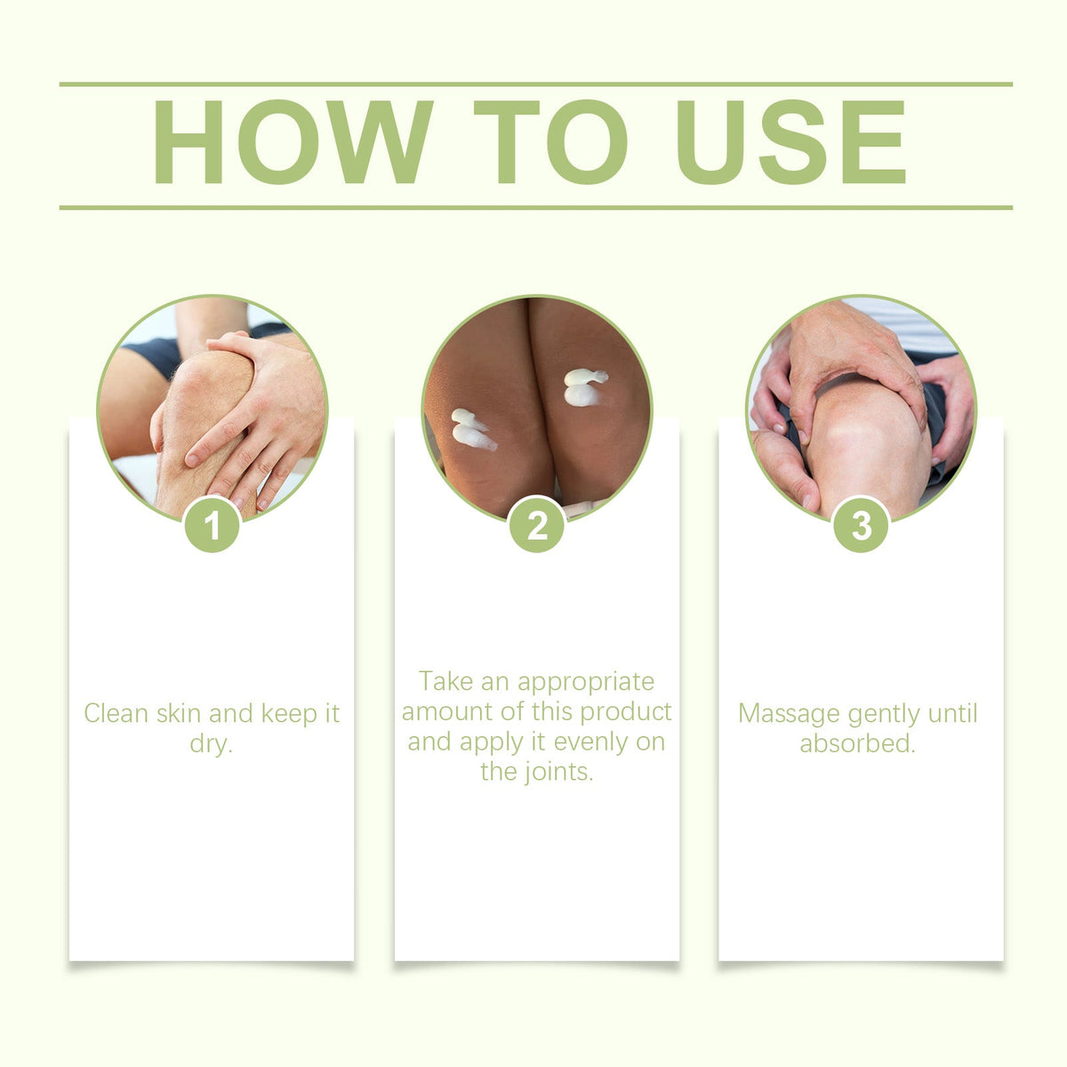 Step-by-step usage instructions for Ximonths Bee Venom Joint Relief Cream showing how to apply on joints for improved elasticity and joint mobility