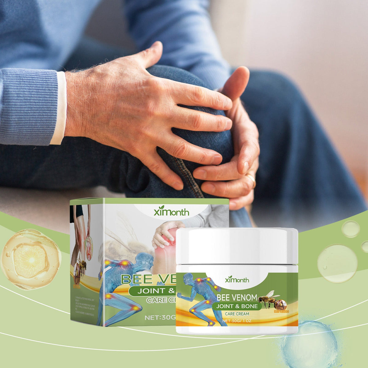 Man holding knee in pain with Ximonths Bee Venom Joint Relief Cream nearby, ideal for office workers and sore joints