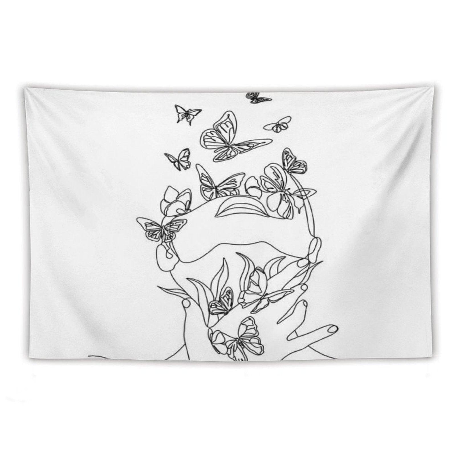 Abstract Face with Butterfly by One Line Drawing. Portrait Minimalistic Style.  Botanical Print. Nature Symbol of Cosmetics. Mod Tapestry