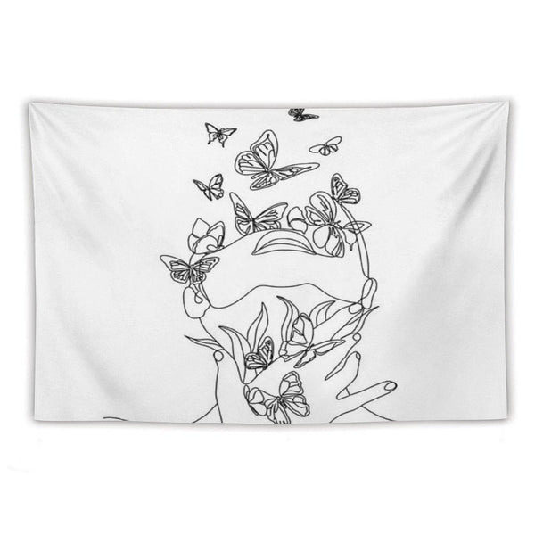 Abstract Face with Butterfly by One Line Drawing. Portrait Minimalistic Style.  Botanical Print. Nature Symbol of Cosmetics. Mod Tapestry