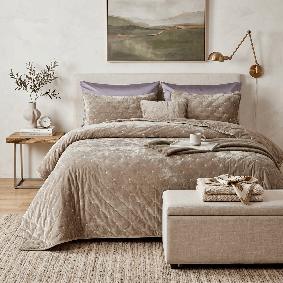 Tache Plush Dreams Sand Taupe Beige Tufted Velvet Quilt Set (JHW-853B)