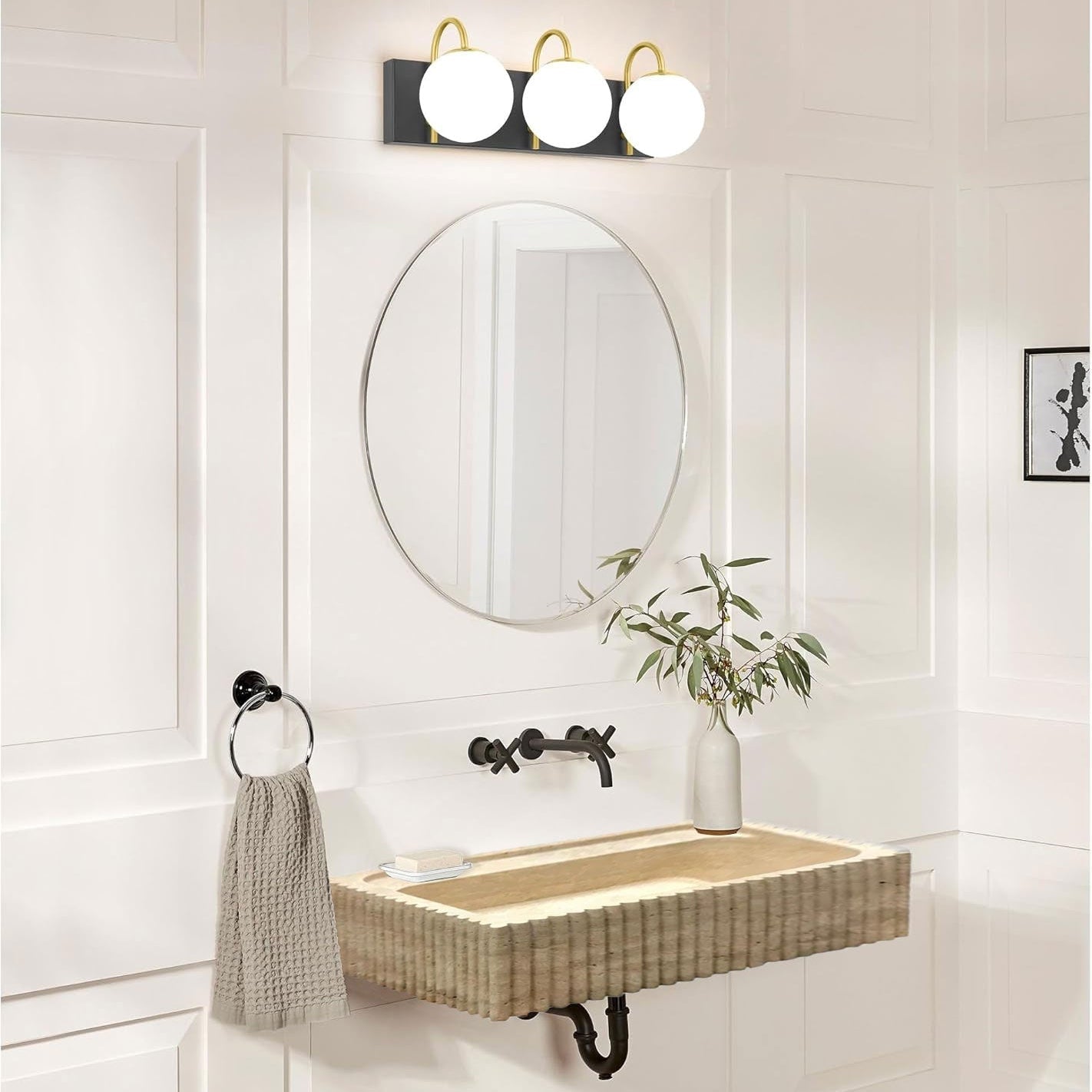 Beige Travertine Rectangular Wall-mount Bathroom Sink Fluted (W)20