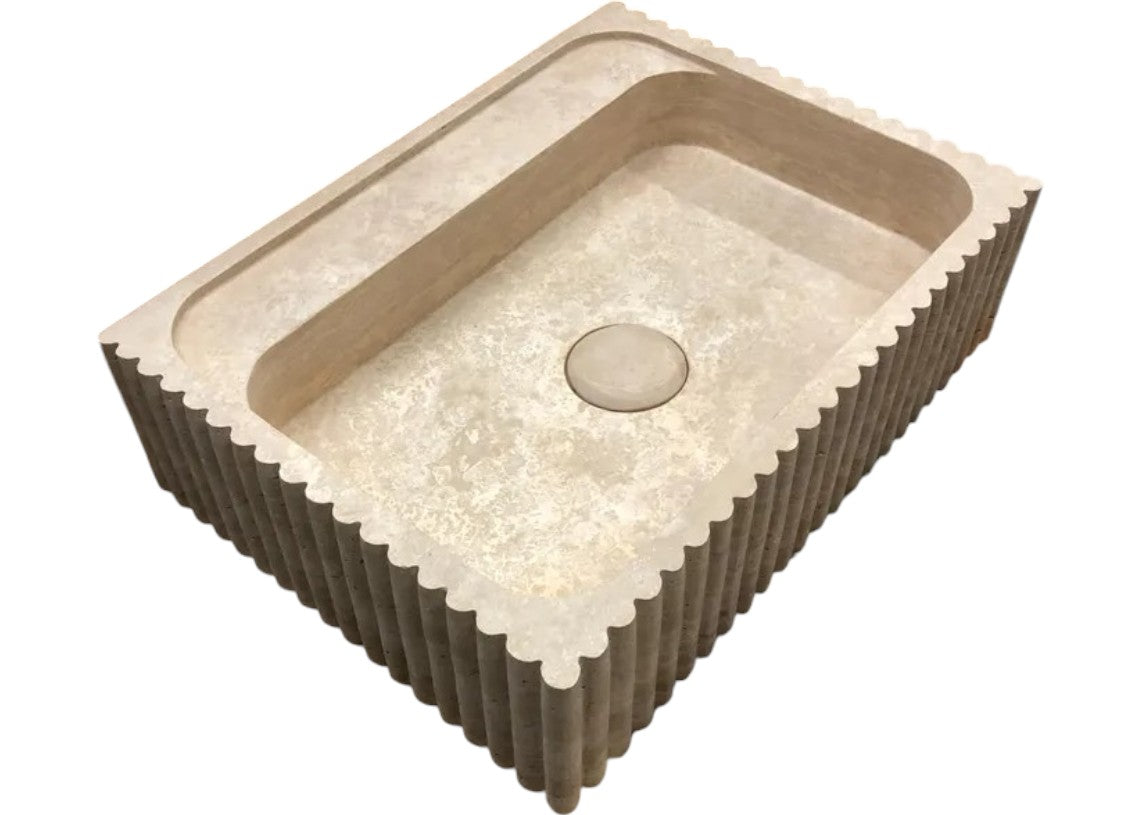 Beige Travertine Rectangular Wall-mount Bathroom Sink Fluted (W)20