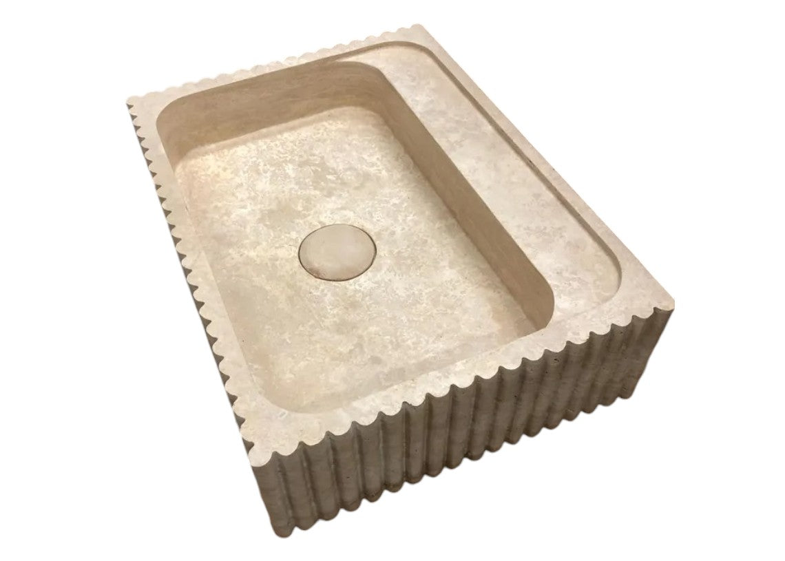 Beige Travertine Rectangular Wall-mount Bathroom Sink Fluted (W)20