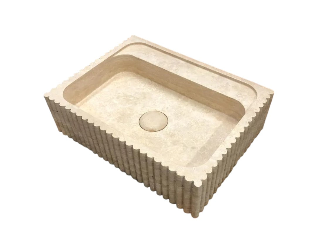 Beige Travertine Rectangular Wall-mount Bathroom Sink Fluted (W)20